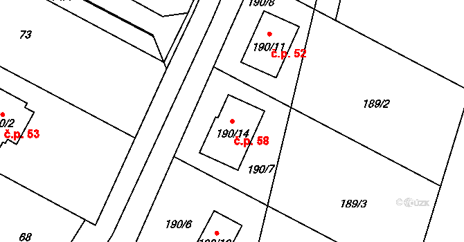 Nuzířov 58, Malhostovice na parcele st. 190/14 v KÚ Nuzířov, Katastrální mapa