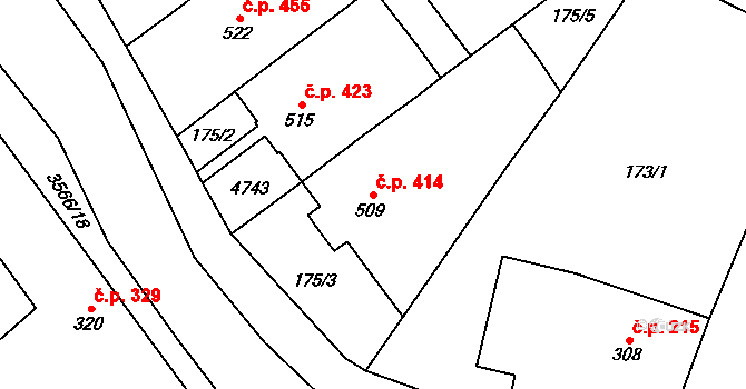 Budišov nad Budišovkou 414 na parcele st. 509 v KÚ Budišov nad Budišovkou, Katastrální mapa