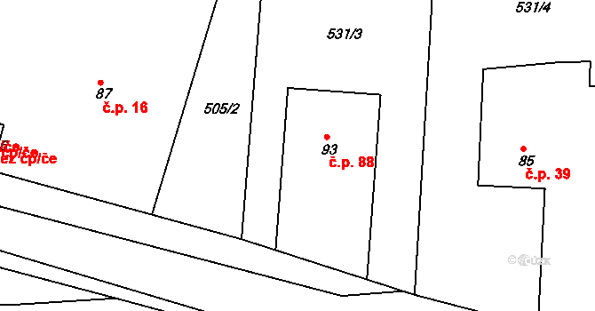 Kostelec nad Vltavou 88 na parcele st. 93 v KÚ Kostelec nad Vltavou, Katastrální mapa