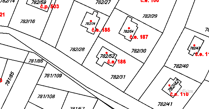 Lhota 186, Plzeň na parcele st. 782/52 v KÚ Lhota u Dobřan, Katastrální mapa