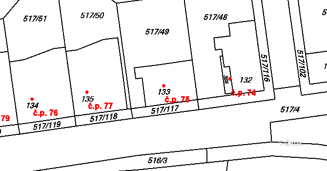 Staré Hradiště 75 na parcele st. 133 v KÚ Staré Hradiště, Katastrální mapa