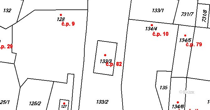 Olbramice 82 na parcele st. 133/3 v KÚ Olbramice u Vilémova, Katastrální mapa