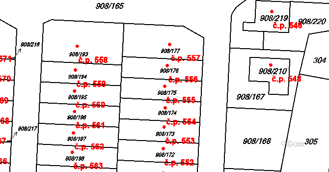 Zbůch 555 na parcele st. 908/175 v KÚ Zbůch, Katastrální mapa