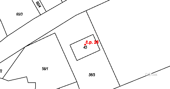 Stráň 28, Sadov na parcele st. 45 v KÚ Stráň, Katastrální mapa