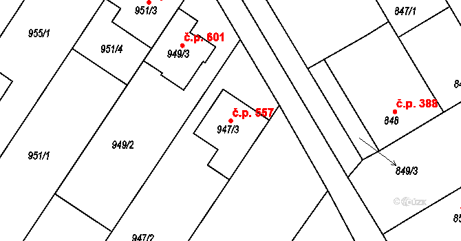 Hrušky 557 na parcele st. 947/3 v KÚ Hrušky, Katastrální mapa