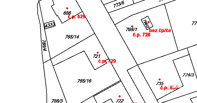 Dobřany 729 na parcele st. 721 v KÚ Dobřany, Katastrální mapa