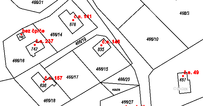 Vranov nad Dyjí 148 na parcele st. 835 v KÚ Vranov nad Dyjí, Katastrální mapa