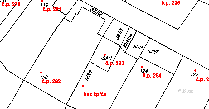 Blížkovice 283 na parcele st. 123/1 v KÚ Ves Blížkovice, Katastrální mapa