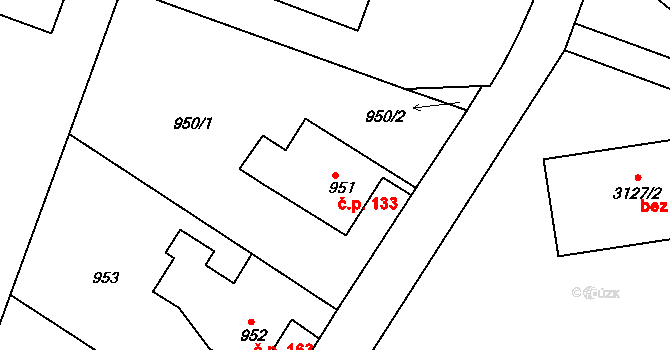 Lyžbice 133, Třinec na parcele st. 951 v KÚ Lyžbice, Katastrální mapa