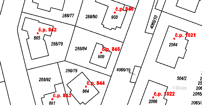 Kyjov 845 na parcele st. 909 v KÚ Kyjov, Katastrální mapa
