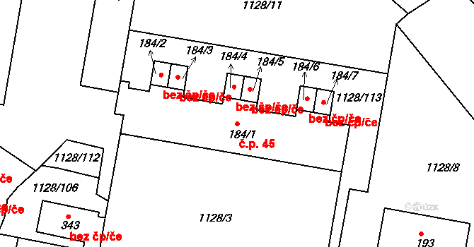 Otín 45, Jindřichův Hradec na parcele st. 184/1 v KÚ Otín u Jindřichova Hradce, Katastrální mapa