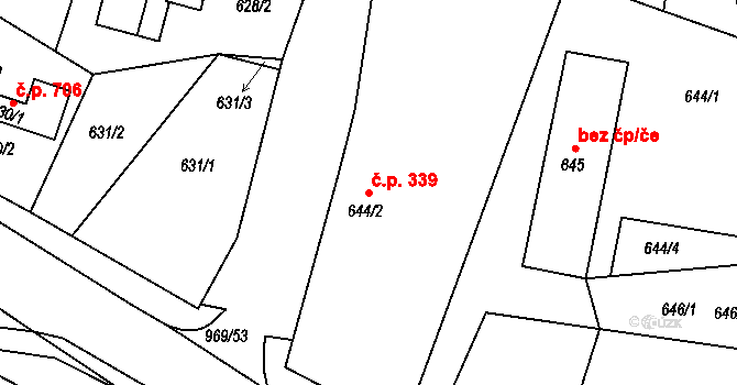 Lipová-lázně 339 na parcele st. 644/2 v KÚ Dolní Lipová, Katastrální mapa