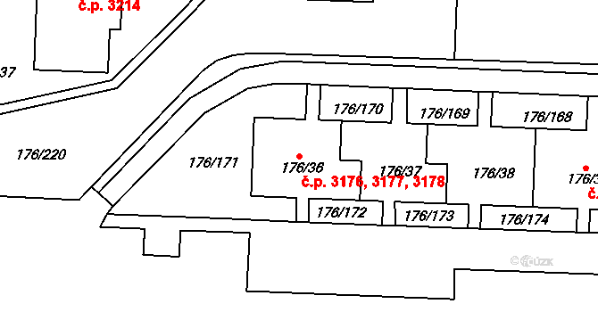 Severní Terasa 3176,3177,3178, Ústí nad Labem na parcele st. 176/36 v KÚ Dobětice, Katastrální mapa