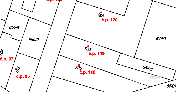 Krchleby 119 na parcele st. 133 v KÚ Krchleby u Nymburka, Katastrální mapa