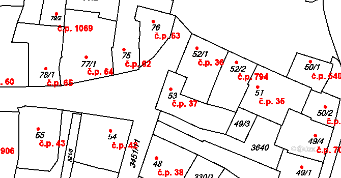 Lysá nad Labem 37 na parcele st. 53 v KÚ Lysá nad Labem, Katastrální mapa