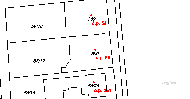 Útěchov 55, Brno na parcele st. 360 v KÚ Útěchov u Brna, Katastrální mapa