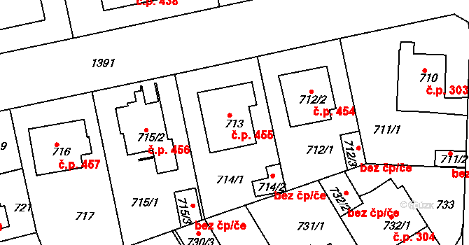 Řepy 455, Praha na parcele st. 713 v KÚ Řepy, Katastrální mapa