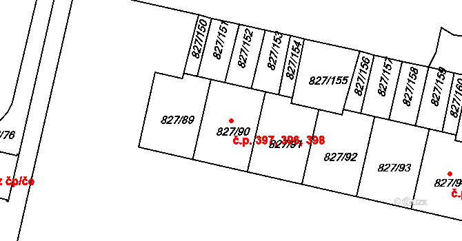 Bohnice 396,397,398, Praha na parcele st. 827/90 v KÚ Bohnice, Katastrální mapa