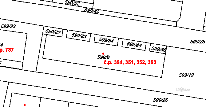 Prosek 351,352,353,354, Praha na parcele st. 599/6 v KÚ Prosek, Katastrální mapa