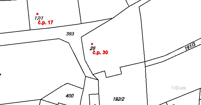 Skuhrov 30, Počepice na parcele st. 28 v KÚ Skuhrov u Počepic, Katastrální mapa