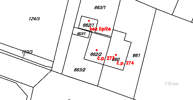 Chotěbuz 273 na parcele st. 662/2 v KÚ Chotěbuz, Katastrální mapa