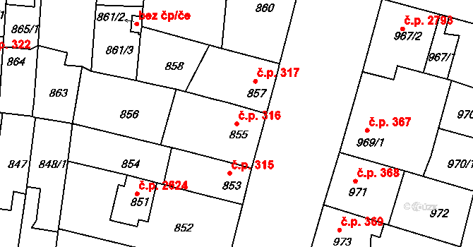 České Budějovice 3 316, České Budějovice na parcele st. 855 v KÚ České Budějovice 3, Katastrální mapa