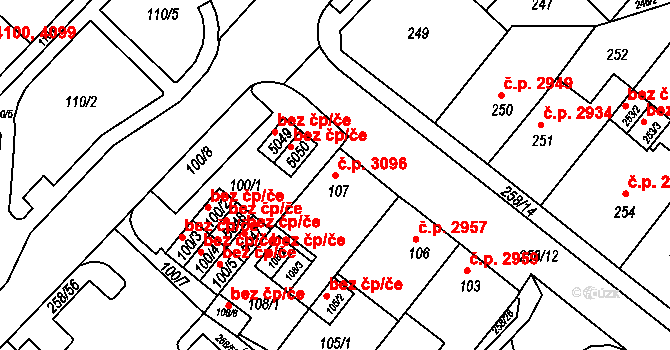 Chomutov 3096 na parcele st. 107 v KÚ Chomutov II, Katastrální mapa