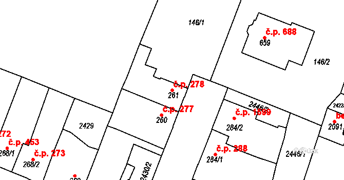 Rosice 278 na parcele st. 261 v KÚ Rosice u Brna, Katastrální mapa