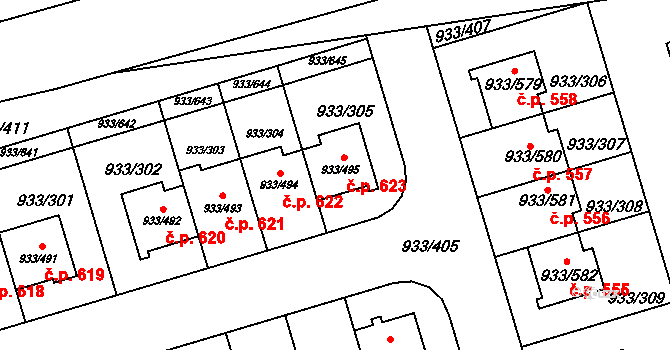 Satalice 623, Praha na parcele st. 933/495 v KÚ Satalice, Katastrální mapa