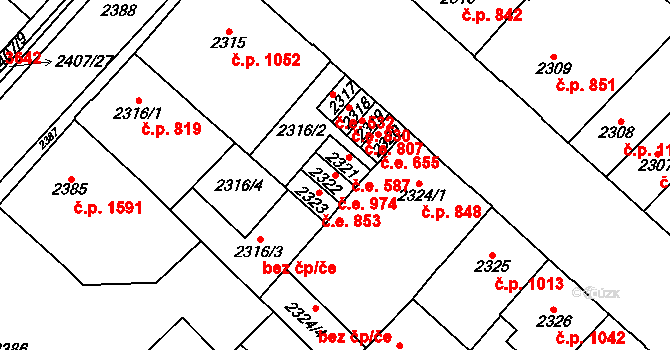 Chomutov 974 na parcele st. 2322 v KÚ Chomutov I, Katastrální mapa