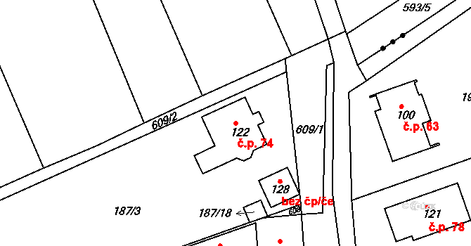 Lhota 74, Valašské Meziříčí na parcele st. 122 v KÚ Lhota u Choryně, Katastrální mapa