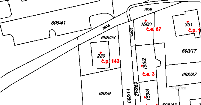 Škrdlovice 143 na parcele st. 229 v KÚ Škrdlovice, Katastrální mapa