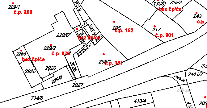 Luhačovice 151 na parcele st. 203/1 v KÚ Luhačovice, Katastrální mapa