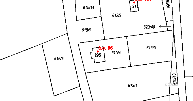 Podkopná Lhota 86 na parcele st. 295 v KÚ Podkopná Lhota, Katastrální mapa