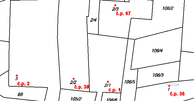 Chrbonín 1 na parcele st. 2/1 v KÚ Chrbonín, Katastrální mapa