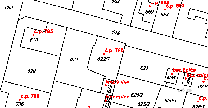 Mohelnice 780 na parcele st. 622/1 v KÚ Mohelnice, Katastrální mapa