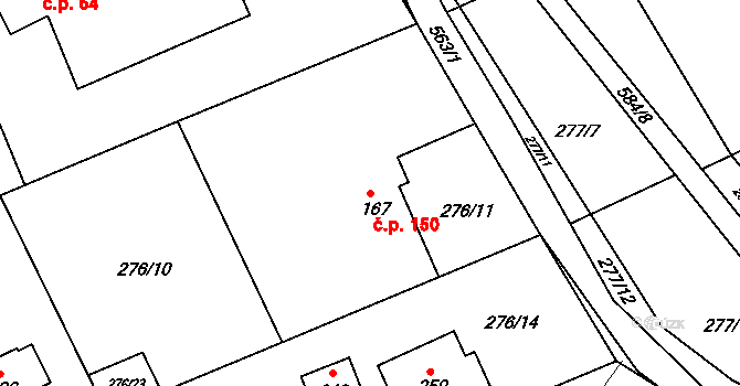 Lubina 150, Kopřivnice na parcele st. 167 v KÚ Drnholec nad Lubinou, Katastrální mapa