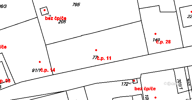 Horušany 11, Soběkury na parcele st. 77 v KÚ Horušany, Katastrální mapa