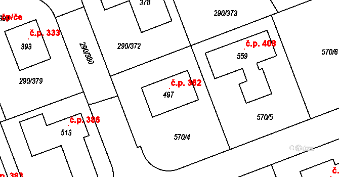Herink 362 na parcele st. 497 v KÚ Herink, Katastrální mapa