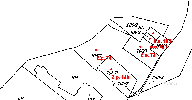 Pávov 74, Jihlava na parcele st. 105/1 v KÚ Pávov, Katastrální mapa