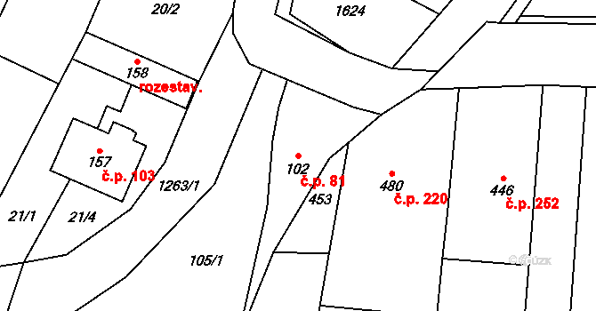 Malá Vrbka 81 na parcele st. 102 v KÚ Malá Vrbka, Katastrální mapa