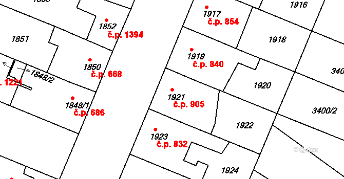Ratíškovice 905 na parcele st. 1921 v KÚ Ratíškovice, Katastrální mapa