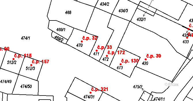 Milokošť 33, Veselí nad Moravou na parcele st. 471 v KÚ Milokošť, Katastrální mapa