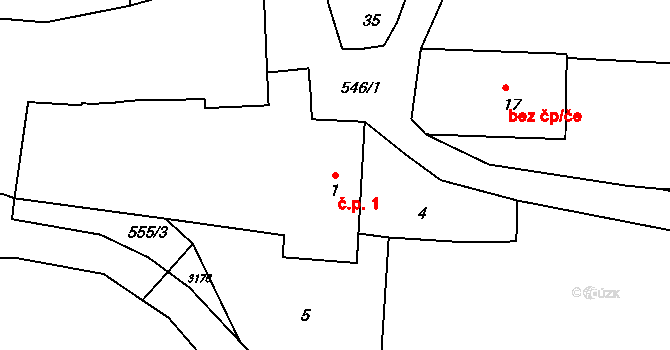 Myslůvka 1, Černíč na parcele st. 1 v KÚ Myslůvka, Katastrální mapa