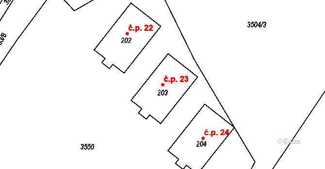 Hrajovice 23, Kamberk na parcele st. 203 v KÚ Kamberk, Katastrální mapa