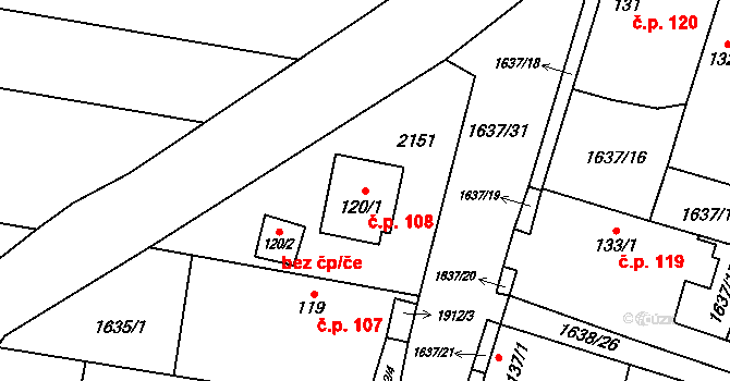 Břilice 108, Třeboň na parcele st. 120/1 v KÚ Břilice, Katastrální mapa