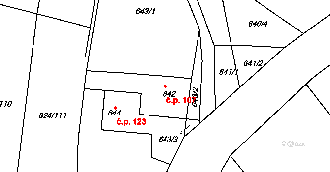 Žižlavice 107, Blansko na parcele st. 642 v KÚ Těchov, Katastrální mapa