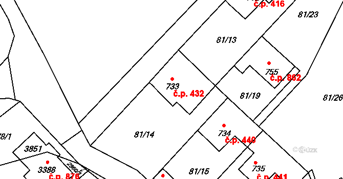 Ostravice 432 na parcele st. 733 v KÚ Staré Hamry 2, Katastrální mapa
