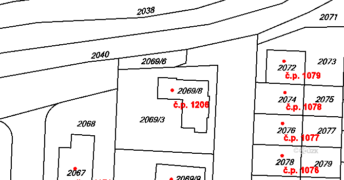 Hulín 1206 na parcele st. 2069/8 v KÚ Hulín, Katastrální mapa