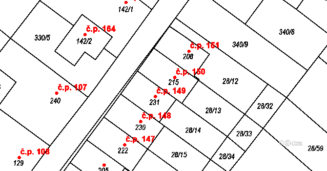 Střelice 150, Uničov na parcele st. 215 v KÚ Střelice u Litovle, Katastrální mapa
